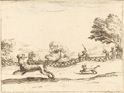 Lionne et lionceau poursuivis par des chasseurs - Jacques Callot