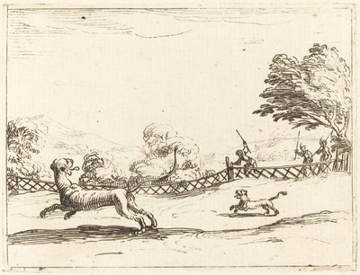Lionne et son petit poursuivis par des chasseurs - Jacques Callot