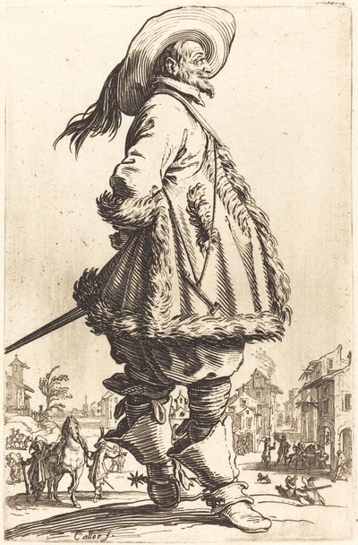 Noble avec manteau bordé de fourrure, les mains derrière le dos - Jacques Callot