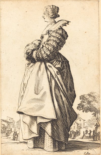 Femme noble de profil avec ses mains dans un manchon - Jacques Callot