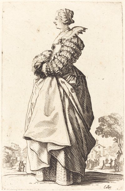 Femme noble de profil avec ses mains dans un manchon - Jacques Callot