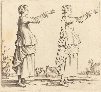 Paysanne, de profil, face à droite, avec bras étendu - Jacques Callot