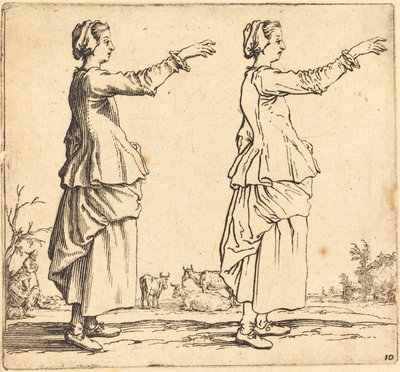 Paysanne, de profil, face à droite, avec le bras étendu - Jacques Callot