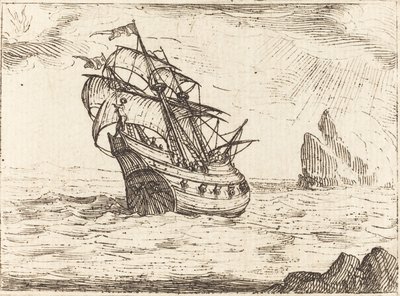 Navire naviguant près des rochers - Jacques Callot