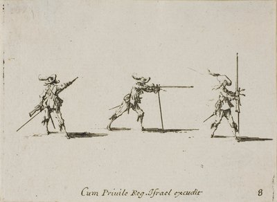 Prise de position de tir avec le mousquet, planche huit des Exercices militaires - Jacques Callot