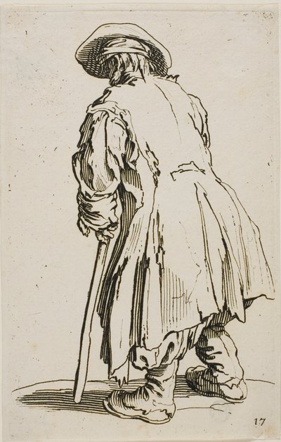 Le vieux mendiant appuyé sur sa béquille, planche dix-sept des Mendiants - Jacques Callot