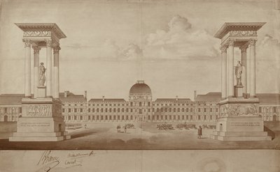 Plan pour les monuments commémorant le 14 juillet et le 10 août, à placer à la Place du Carrousel (plume et encre sur papier) - Jacques Delannoy