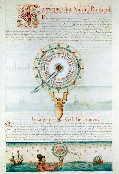 Instruments de navigation : navigateur utilisant un astrolabe. Page tirée de « Les Premières Œuvres de Jacques Devaulx Pilote en la Marine » - Jacques Devaulx