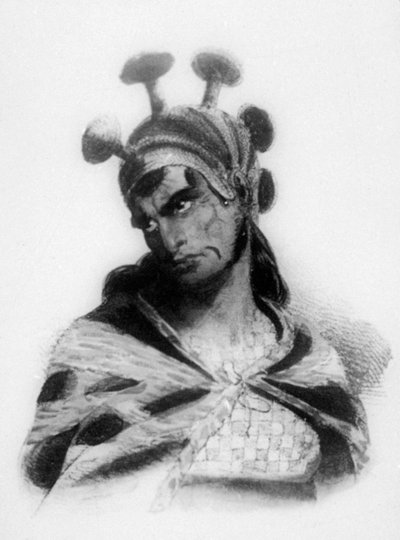 Guerrier hawaïen portant un casque avec une crête ornée de champignons - Jacques Etienne Victor Arago