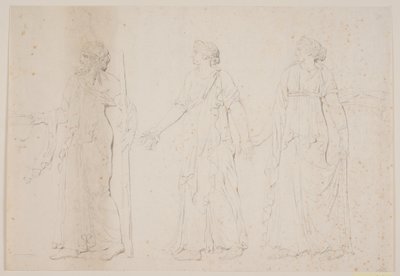 Offrande (?) Trois figures marchant en vêtements grecs. Devant, un homme portant une amphore et un bâton ou une torche, suivi de deux femmes - Jacques Francois Joseph Saly