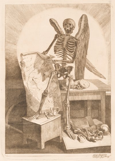 Un squelette ailé tenant un dessin anatomique - Jacques Gamelin