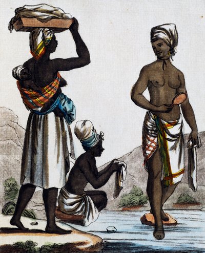 Blanchisseuses de Saint-Domingue, gravure en couleur d