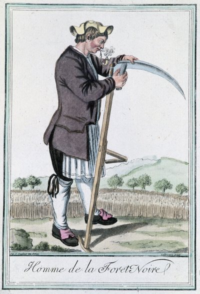 Homme de la Forêt-Noire, aiguisant sa faux pour la récolte - dans "Encyclopedia of Voyages" de Grasset St Sauveur, éd. Deroy, Paris - Jacques Grasset de Saint Sauveur