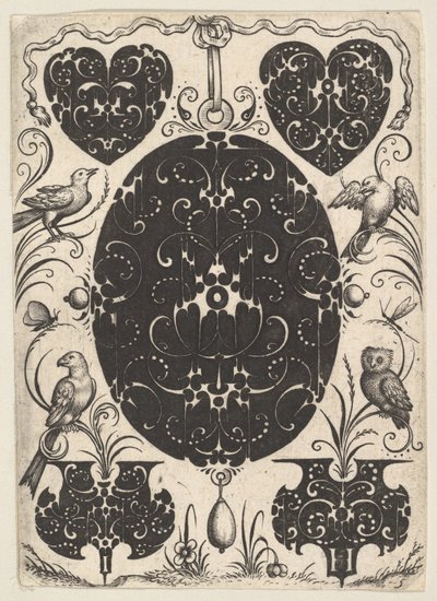 Pendentif ovale décoré de Schweifwerk, entouré de motifs plus petits et de quatre oiseaux, vers 1614-19 - Jacques Hurtu
