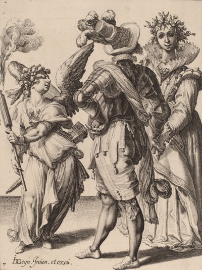 Cupidon aux yeux bandés tenant une torche devant un couple, attribué à Zacharias Dolendo, 1595-6 - Jacques II de Gheyn