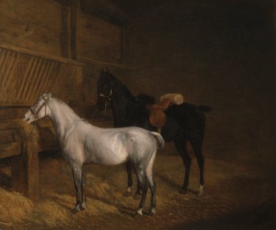 Un poney gris et un cheval noir dans une écurie - Jacques Laurent Agasse