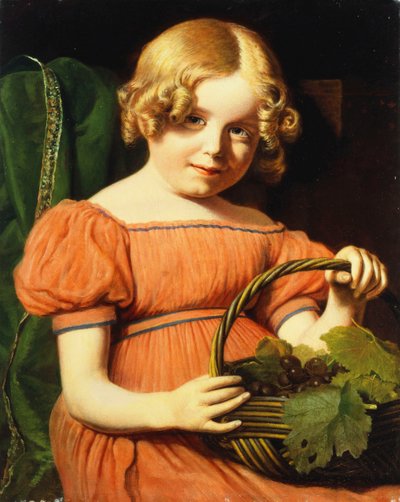 Portrait de Louisa Booth, assise à mi-longueur, en robe rose corail bordée d