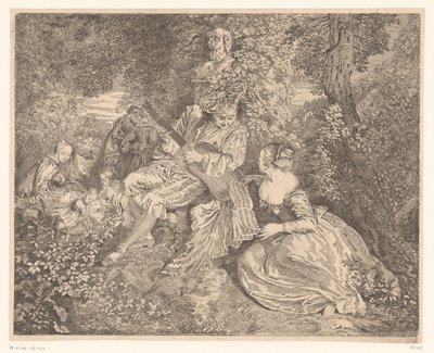 Compagnie élégante jouant de la musique dans un jardin - Jacques Philippe Le Bas