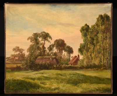 Paysage avec vue de ferme à travers les arbres - Jacques Raymond Brascassat