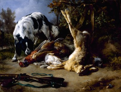 Épagneul avec une nature morte de gibier mort - Jacques Raymond Brascassat