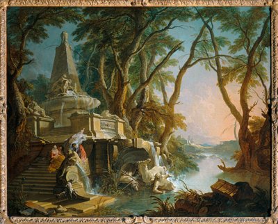 Paysage compose: la rivière, dit aussi Fontaine pyramidale avec une statue de Neptune brisee - Imaginary landscape: the river … - Jacques de (after) Lajoue