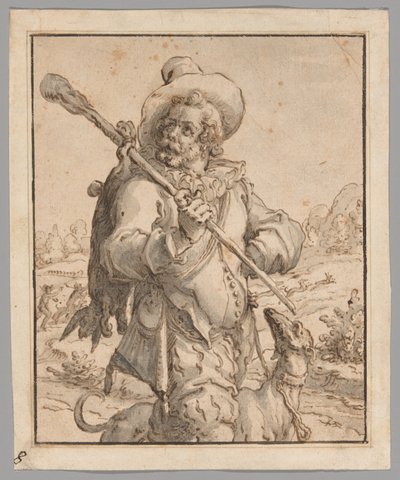 Un chasseur avec un lièvre mort et un chien (étude pour "Terra") - Jacques de Gheyn II