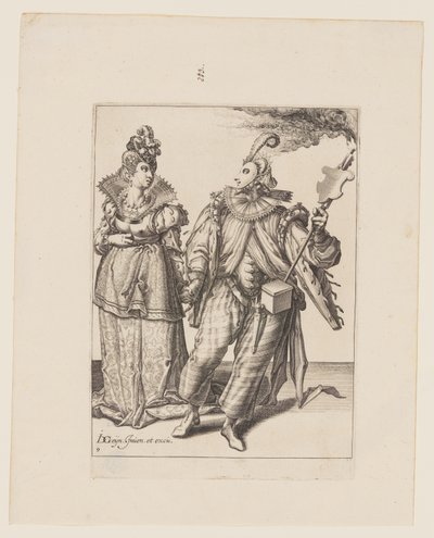 Une femme conduite par un joueur tenant une torche, tiré de Les Mascarades - Jacques de Gheyn II