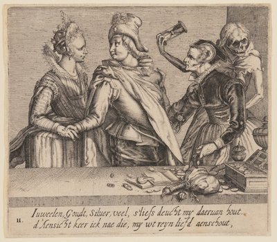 Un jeune homme entre une jeune femme et une vieille femme, extrait de Unequal Lovers (Amoureux inégaux) - Jacques de Gheyn II