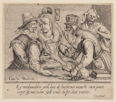 Une jeune femme entre un jeune homme et un vieil homme, extrait de Unequal Lovers (Amoureux inégaux) - Jacques de Gheyn II
