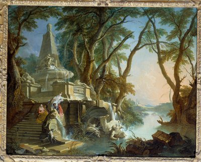 Paysage composé ou la rivière. Fontaine pyramidale avec statue de Neptune brisée. Peinture de Jacques de Lajoue - Jacques de Lajoüe
