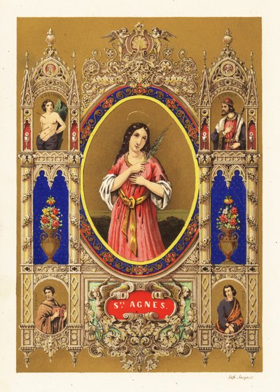 Portrait de Sainte Agnès de Rome, vierge martyre, avec auréole et feuille de palmier dans une bordure décorative - Jacquet Jacquet