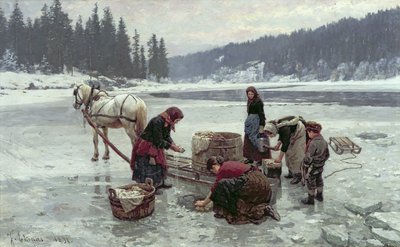 Femmes faisant la lessive à travers un trou dans la glace - Jahn Ekenaes