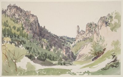 Un homme assis contemplant une vallée de montagne baignée de soleil - Jakob Alt