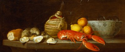 Pain, huîtres, une flasque de Chianti, un homard, des citrons, des oranges et des verres dans un bol en porcelaine sur un rebord - Jakob Bogdani or Bogdany