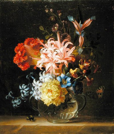 Nature morte de fleurs dans un vase en verre, avec un bourdon et un papillon - Jakob Bogdani or Bogdany
