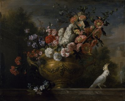 Nature morte avec des fleurs dans une urne, avec un cacatoès, sur un rebord, vers 1699 - Jakob Bogdani or Bogdany