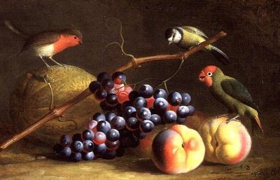 Trois oiseaux avec pêches, raisins et un melon - Jakob Bogdani or Bogdany