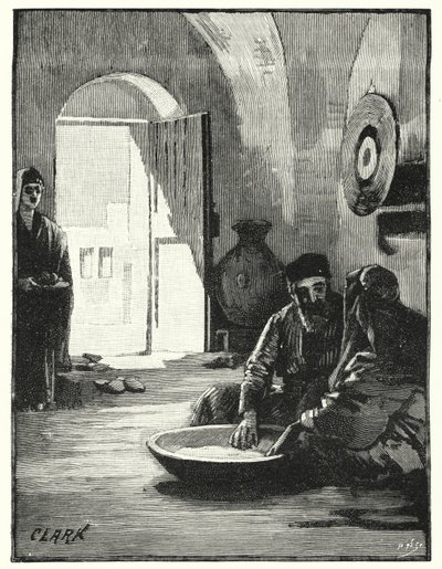 Manger dans un plat commun, coutume orientale (lithographie) - James (after) Clark