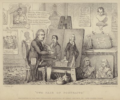 Deux paires de portraits : caricature anti-Whig représentant John Henry Tooke avec des portraits de Charles James Fox personnifiant le vice et William Pitt le Jeune représentant la vertu - James (after) Gillray
