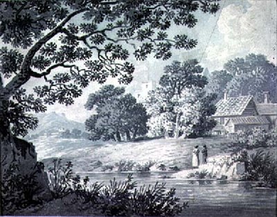 Paysage, montrant une rivière au premier plan - James Bayes