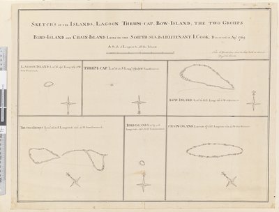 iii. Croquis des îles Lagoon, Thrum-Cap, Bow-Island, les Deux Groupes, Bird Island et Chain Island, situées dans le Sud, Mer... découvertes en avril 1769 - James Cook