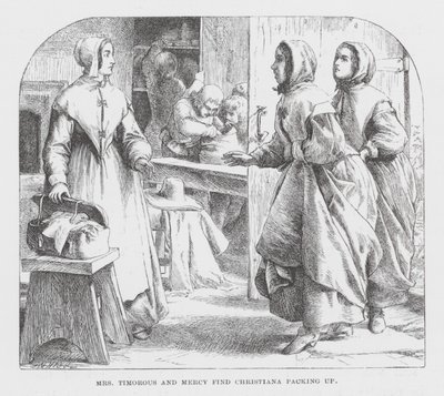 Mme Timorous et Mercy trouvent Christiana en train de faire ses bagages - James Dawson Watson