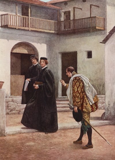 Le Marchand de Venise de Shakespeare : Portia, Nerissa et Gratiano (lithographie en couleur) - James Dromgole Linton