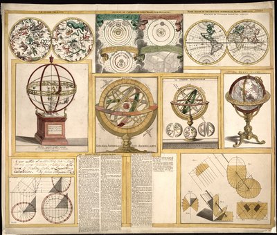 Collection de neuf images comprenant des instruments astronomiques, des cartes célestes et une carte du monde. LOC 2013593153 - James Ferguson