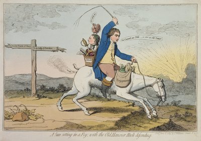 Un Soleil se couchant dans le Brouillard, avec le Vieux Hack de Hanovre défendant, publié par J. Williams en 1783 - James Gillray