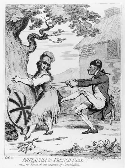 Britannia en corset français, ou Réforme au détriment de la Constitution, publié par Hannah Humphrey en 1793 - James Gillray