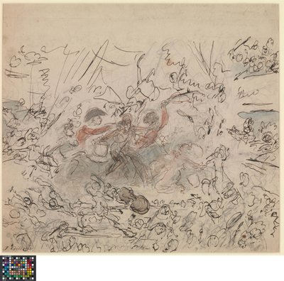 Néerlandais : Le spectacle du monde : les guerres napoléoniennes (recto).  Liste de sujets "dignes du talent des artistes britanniques" (verso) - James Gillray