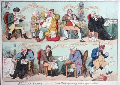 La victoire de Nelson, ou Les bonnes nouvelles agissant sur les sentiments loyaux, publié par Hannah Humphrey en 1798 - James Gillray