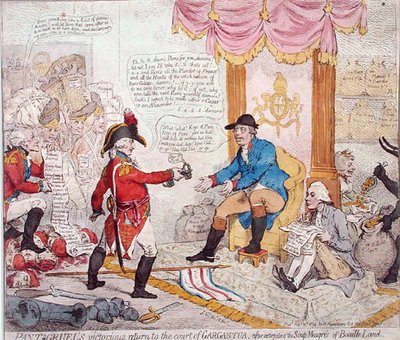 Retour victorieux de Pantagruel à la cour de Gargantua après avoir extirpé les Soup-Meagres de Bouaille Land, publié par Hannah Humphrey en 1794 - James Gillray