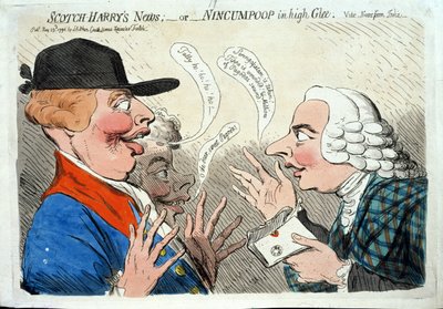Les nouvelles de Scotch Harry, ou Nincumpoop en grande joie, publié par J. Aitken en 1792 (eau-forte coloriée à la main) - James Gillray